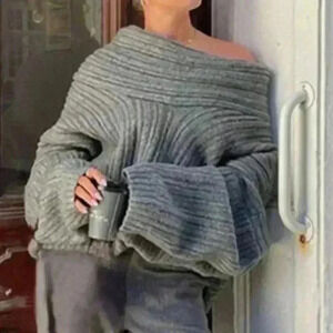 Grey Casual Women's Asymmetric Collar Long Sleeve Loose Sweater